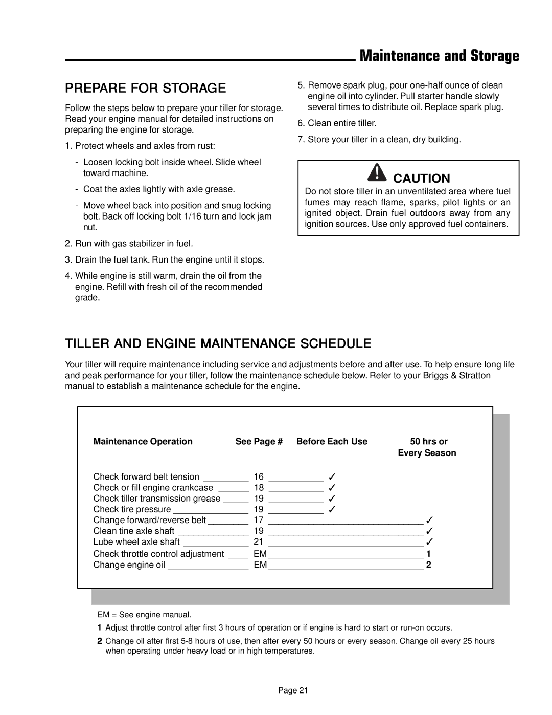 Simplicity 1693847 manual Prepare for Storage, Tiller and Engine Maintenance Schedule 