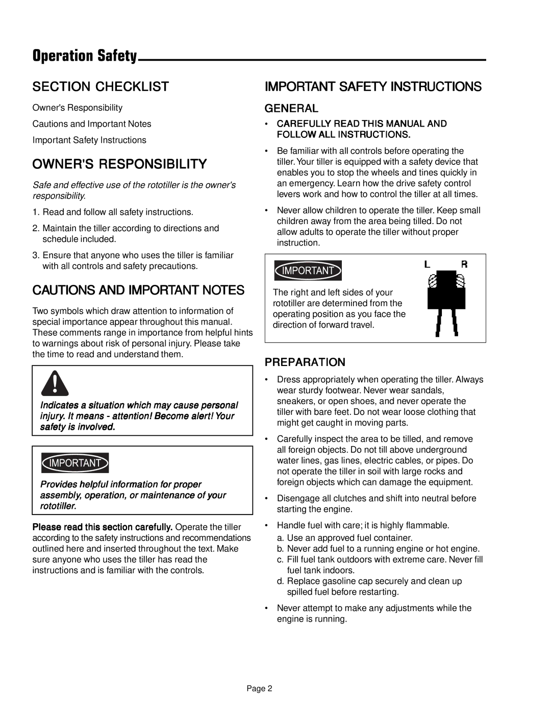 Simplicity 1693847 manual Operation Safety, Section Checklist, Owners Responsibility, Important Safety Instructions 