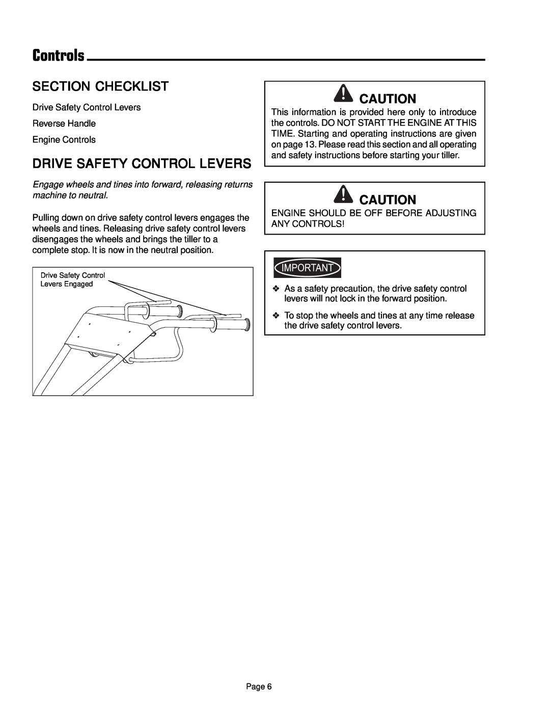 Simplicity 1693847 manual Controls, Drive Safety Control Levers, Section Checklist 