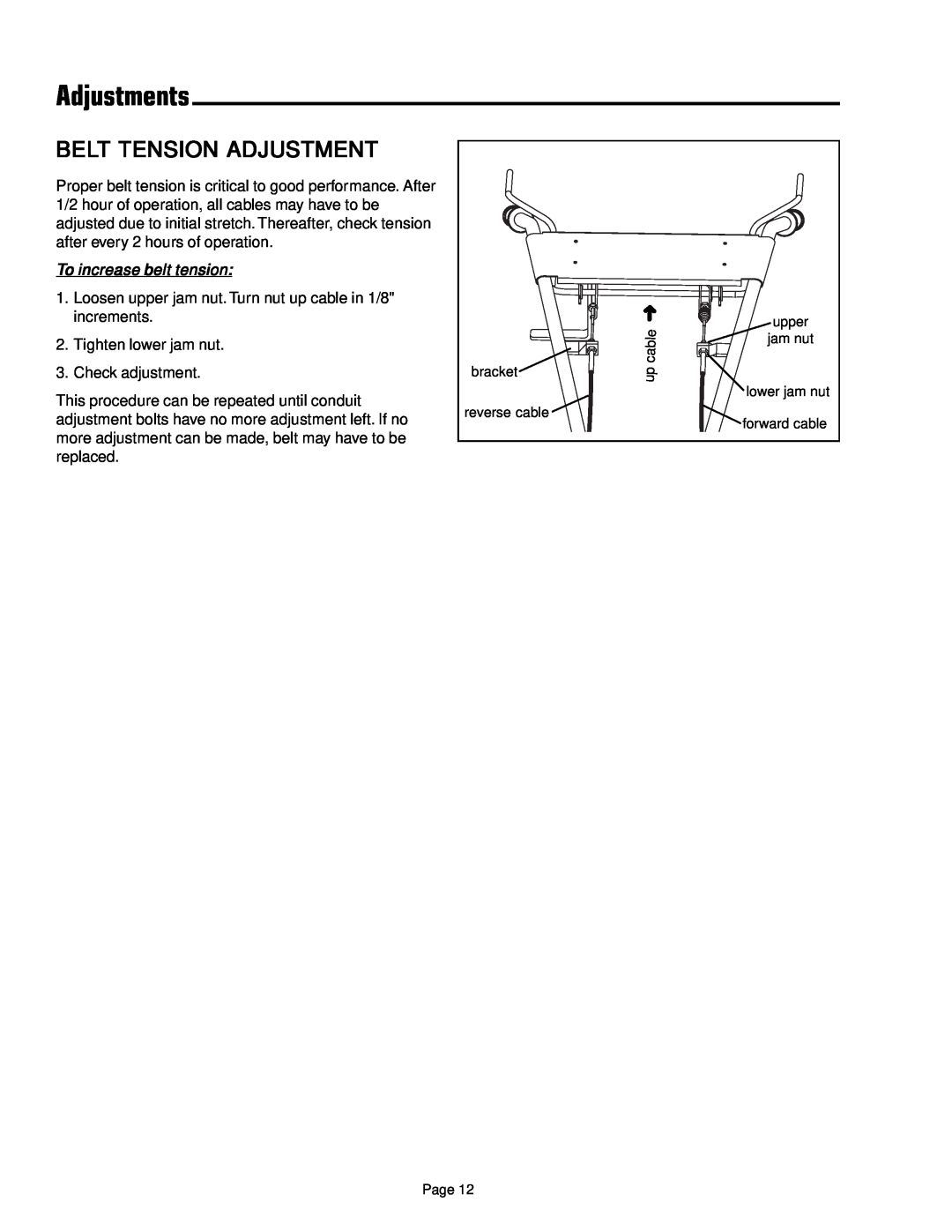 Simplicity 1693847 manual Belt Tension Adjustment, Adjustments, To increase belt tension 