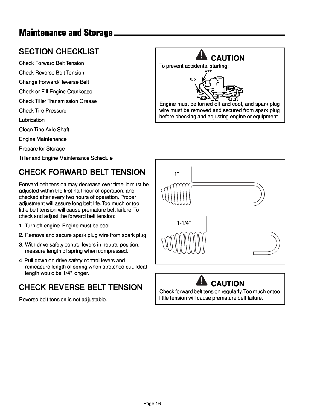 Simplicity 1693847 Maintenance and Storage, Check Forward Belt Tension, Check Reverse Belt Tension, Section Checklist 