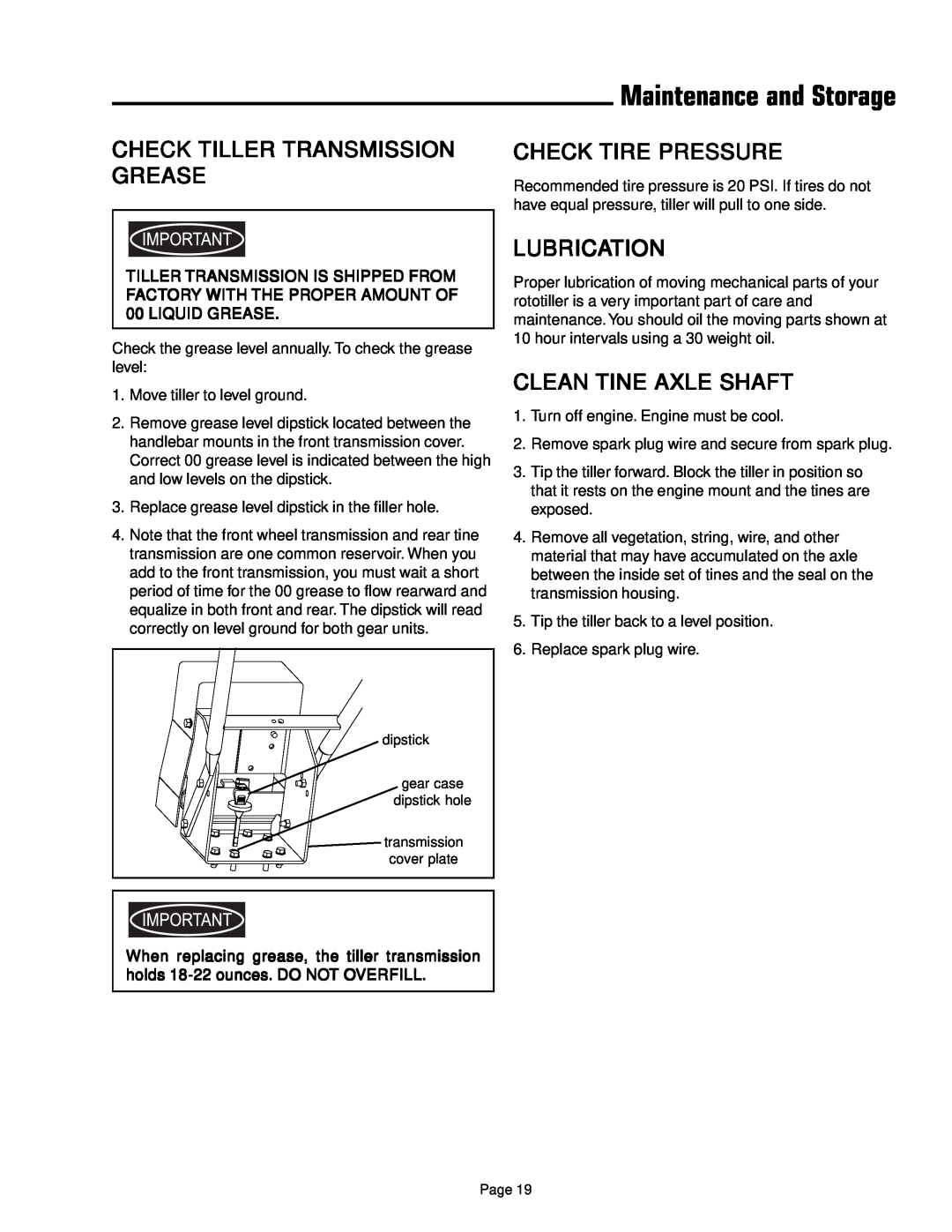 Simplicity 1693847 manual Check Tiller Transmission Grease, Check Tire Pressure, Lubrication, Clean Tine Axle Shaft 