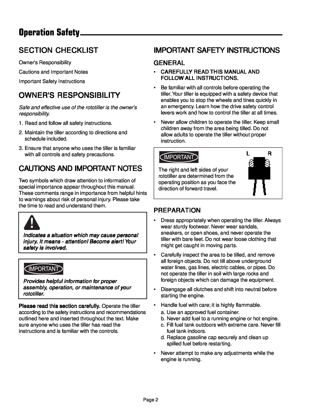 Simplicity 1693847 manual Operation Safety, Section Checklist, Owners Responsibility, Cautions And Important Notes, General 
