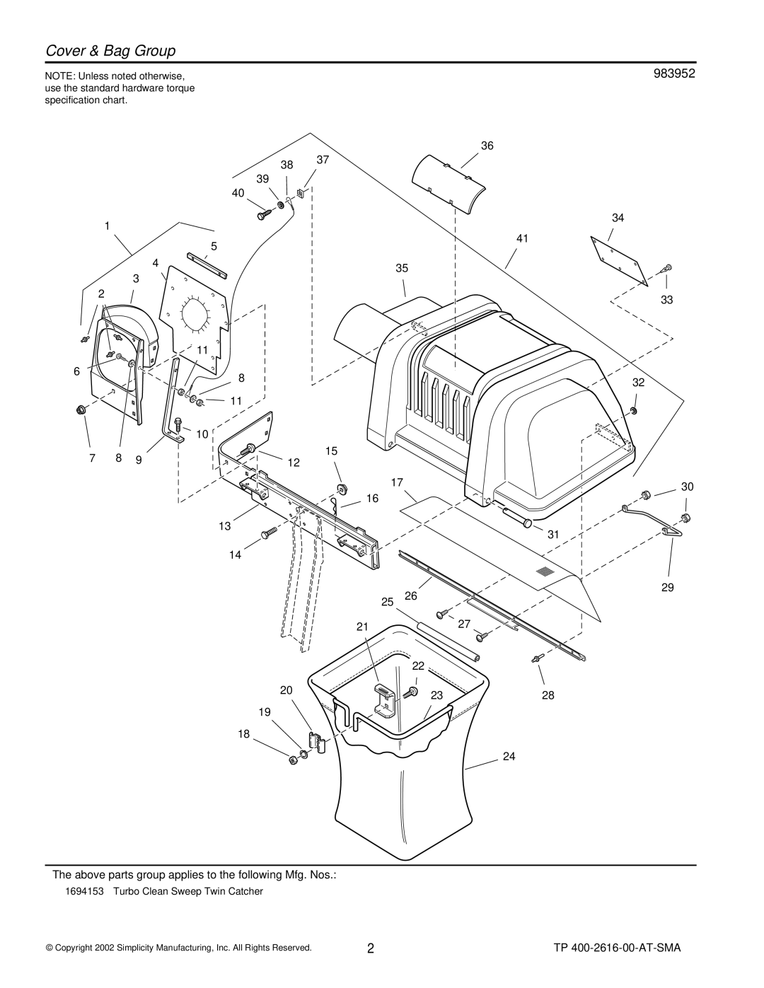 Simplicity 1694153 manual Cover & Bag Group, Above parts group applies to the following Mfg. Nos 