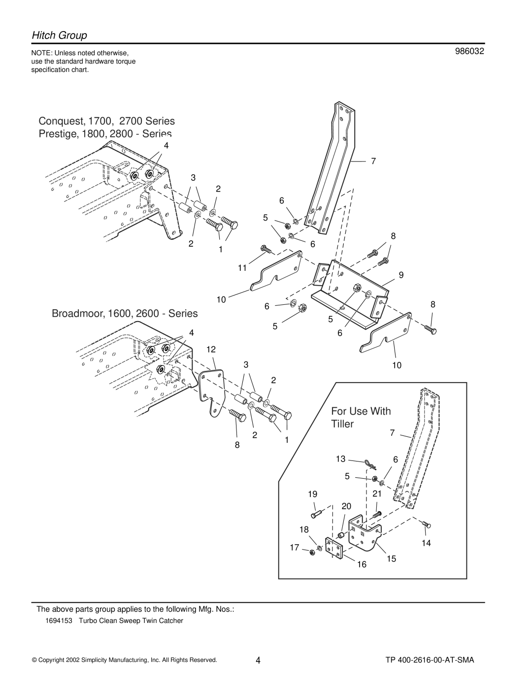 Simplicity 1694153 manual Hitch Group, Broadmoor, 1600, 2600 Series For Use With Tiller 