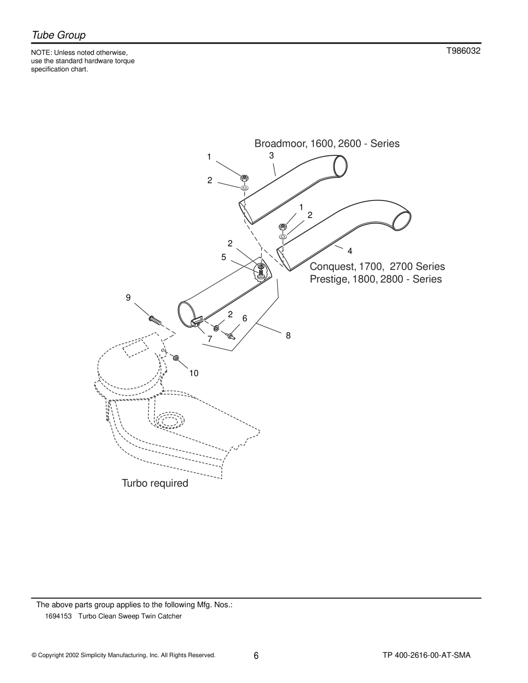 Simplicity 1694153 manual Tube Group, Broadmoor, 1600, 2600 Series, Turbo required 