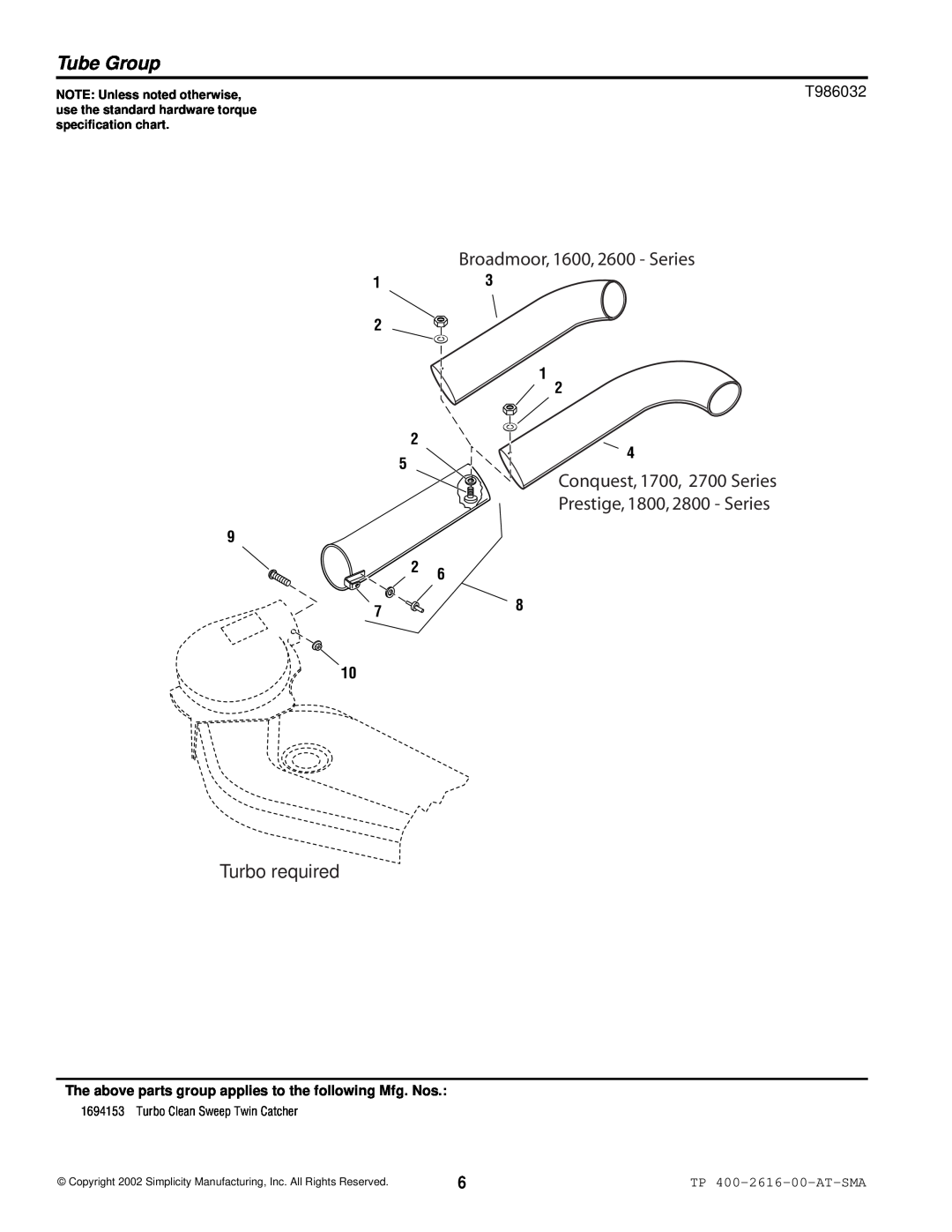 Simplicity 1694153 manual Tube Group, Turbo required, T986032, Broadmoor, 1600, 2600 - Series 
