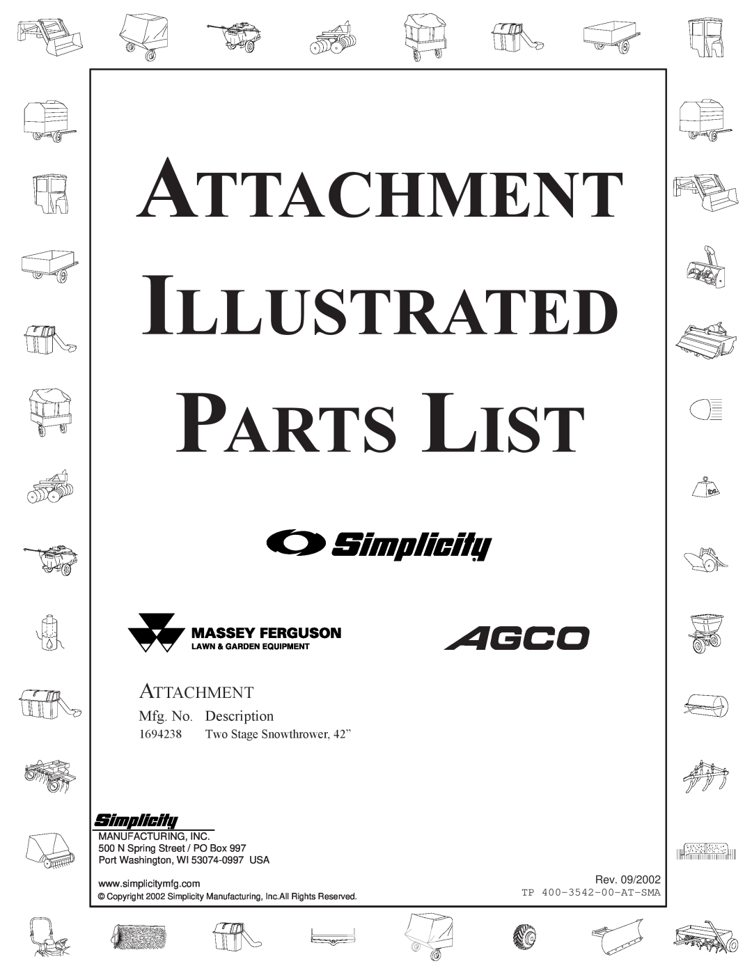 Simplicity 1694238 manual Attachment Illustrated Parts List, Mfg. No. Description, Two Stage Snowthrower, 42” 