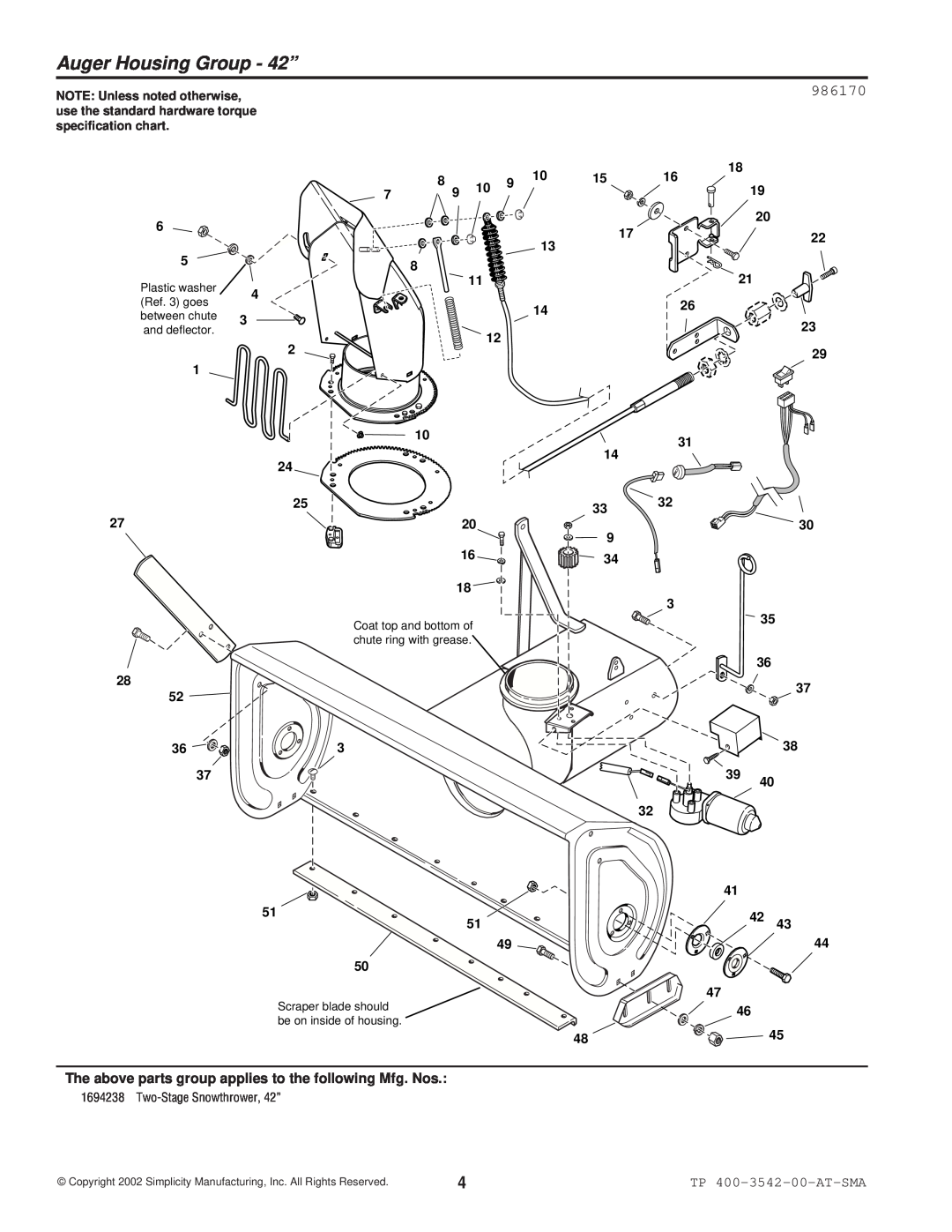Simplicity 1694238 manual Auger Housing Group - 42”, 986170, The above parts group applies to the following Mfg. Nos, 18xx 