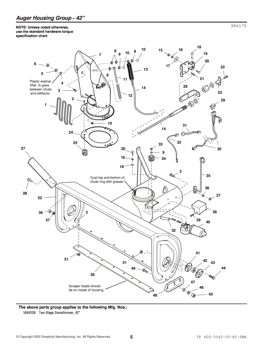 Simplicity 1694238 manual Auger Housing Group - 42”, 986170, The above parts group applies to the following Mfg. Nos, 18xx 