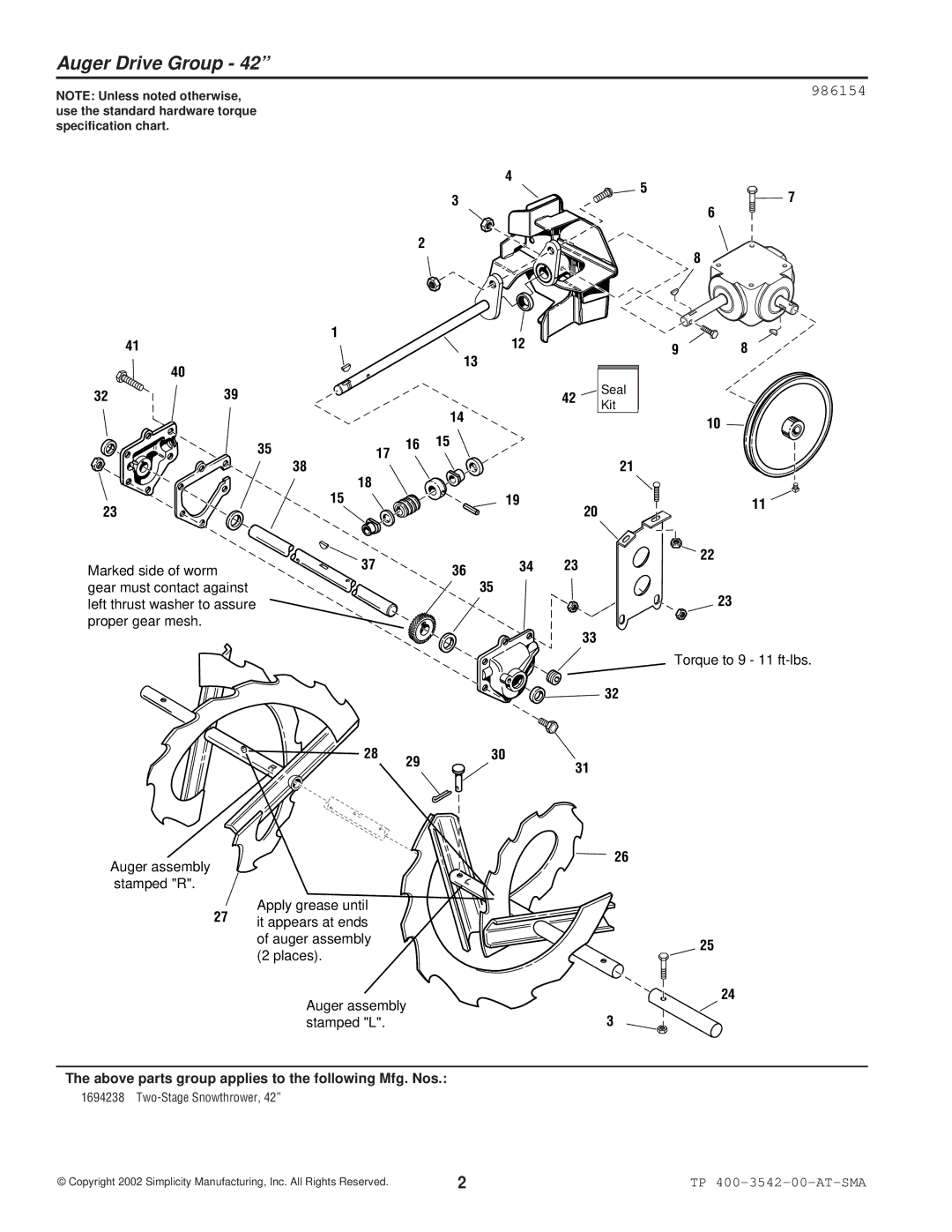 Simplicity 1694238 manual Auger Drive Group, 986154 