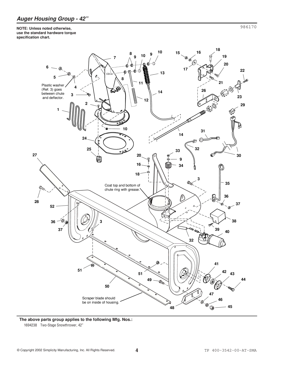 Simplicity 1694238 manual Auger Housing Group, 986170 