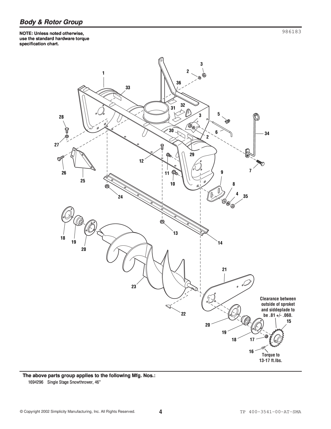 Simplicity 1694296 manual Body & Rotor Group, 986183, The above parts group applies to the following Mfg. Nos, be .81 + 