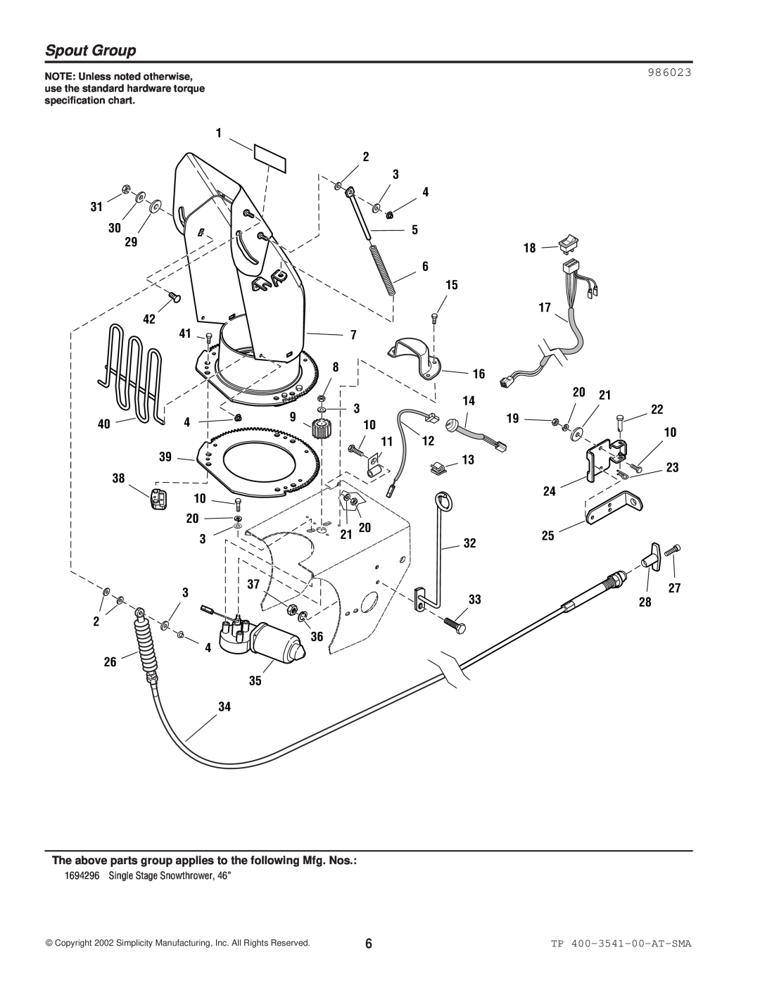 Simplicity 1694296 Spout Group, 986023, The above parts group applies to the following Mfg. Nos, TP 400-3541-00-AT-SMA 