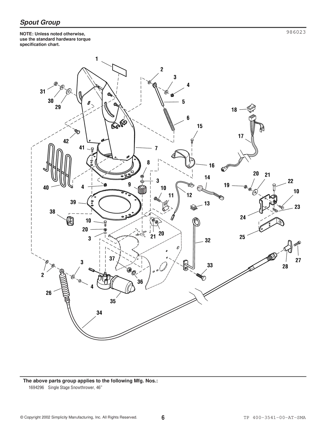 Simplicity 1694296 manual Spout Group, 986023 