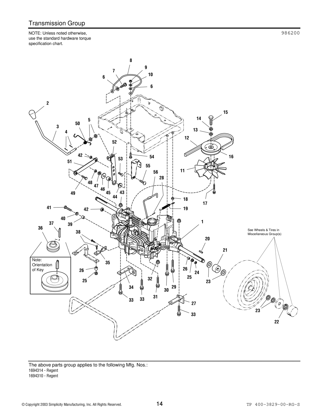 Simplicity 1693920, 1694310, 1693930, 1694314 manual Transmission Group, 986200 