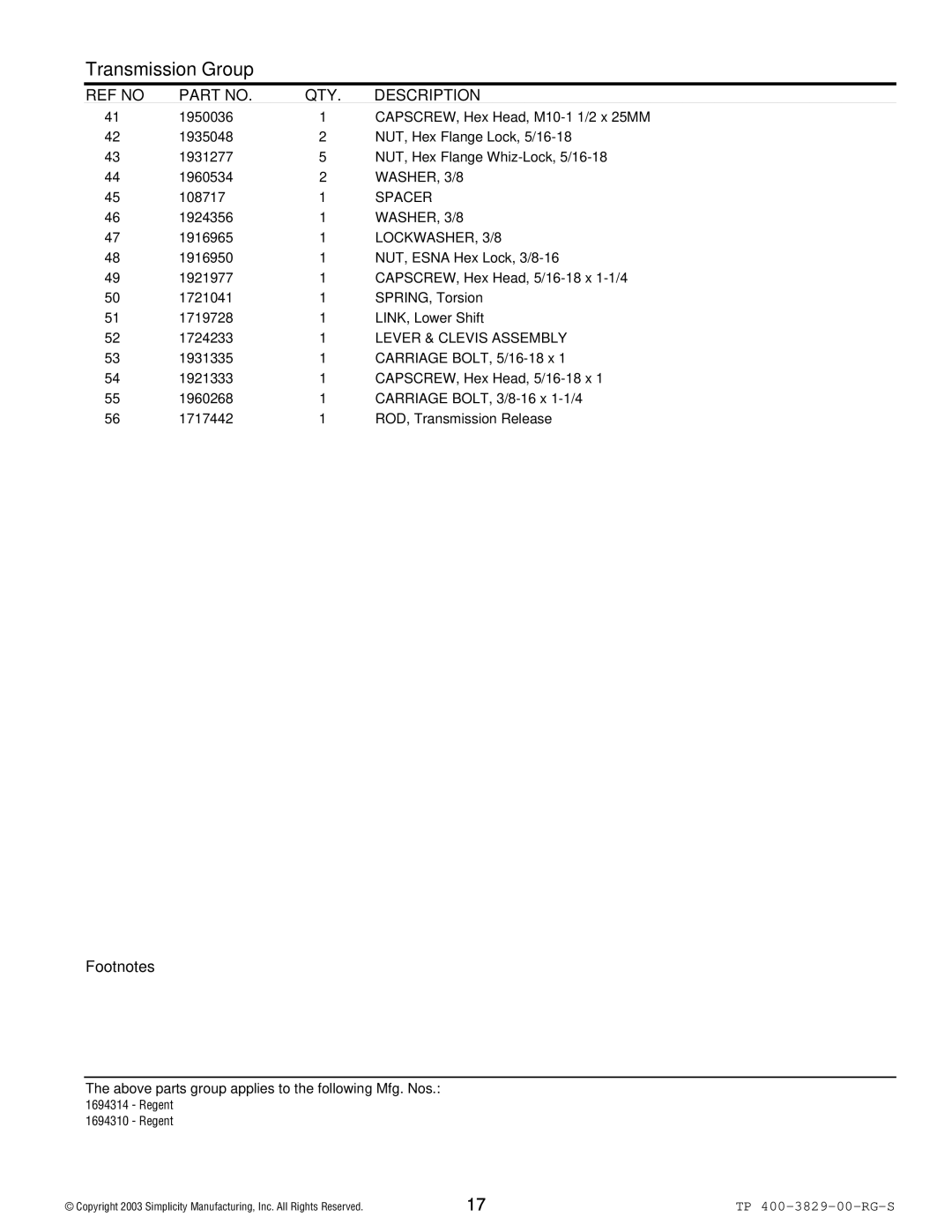 Simplicity 1693930, 1694310, 1693920, 1694314 manual LOCKWASHER, 3/8, Lever & Clevis Assembly 