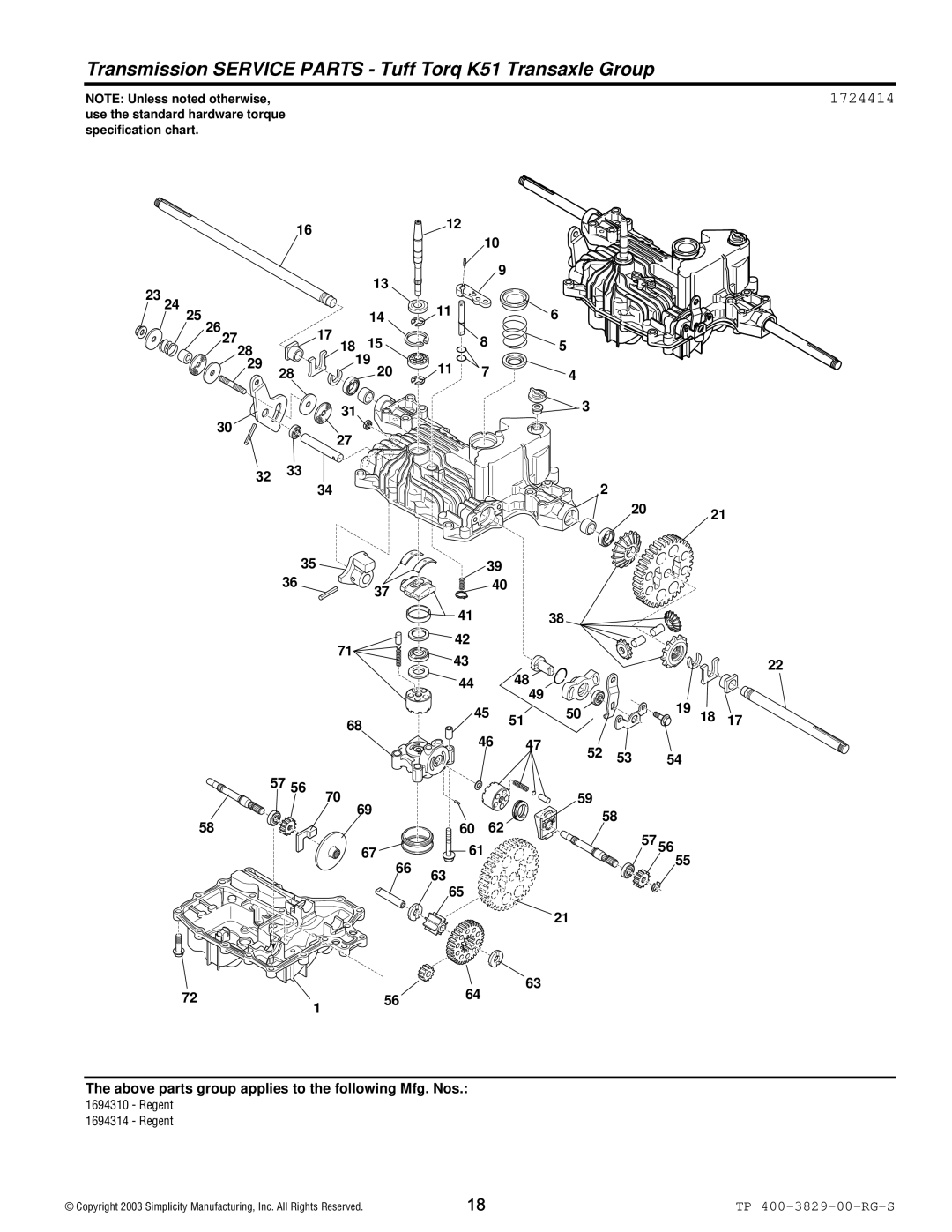 Simplicity 1693920, 1694310, 1693930, 1694314 manual Transmission Service Parts Tuff Torq K51 Transaxle Group, 1724414 