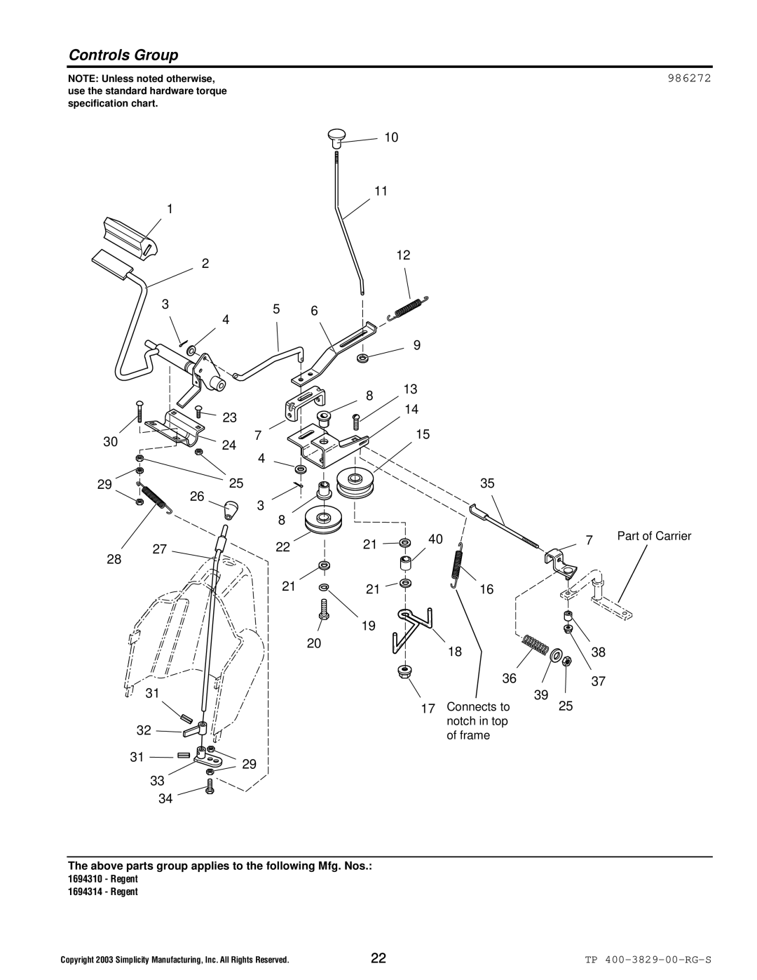 Simplicity 1693920, 1694310, 1693930, 1694314 manual Controls Group, 986272 