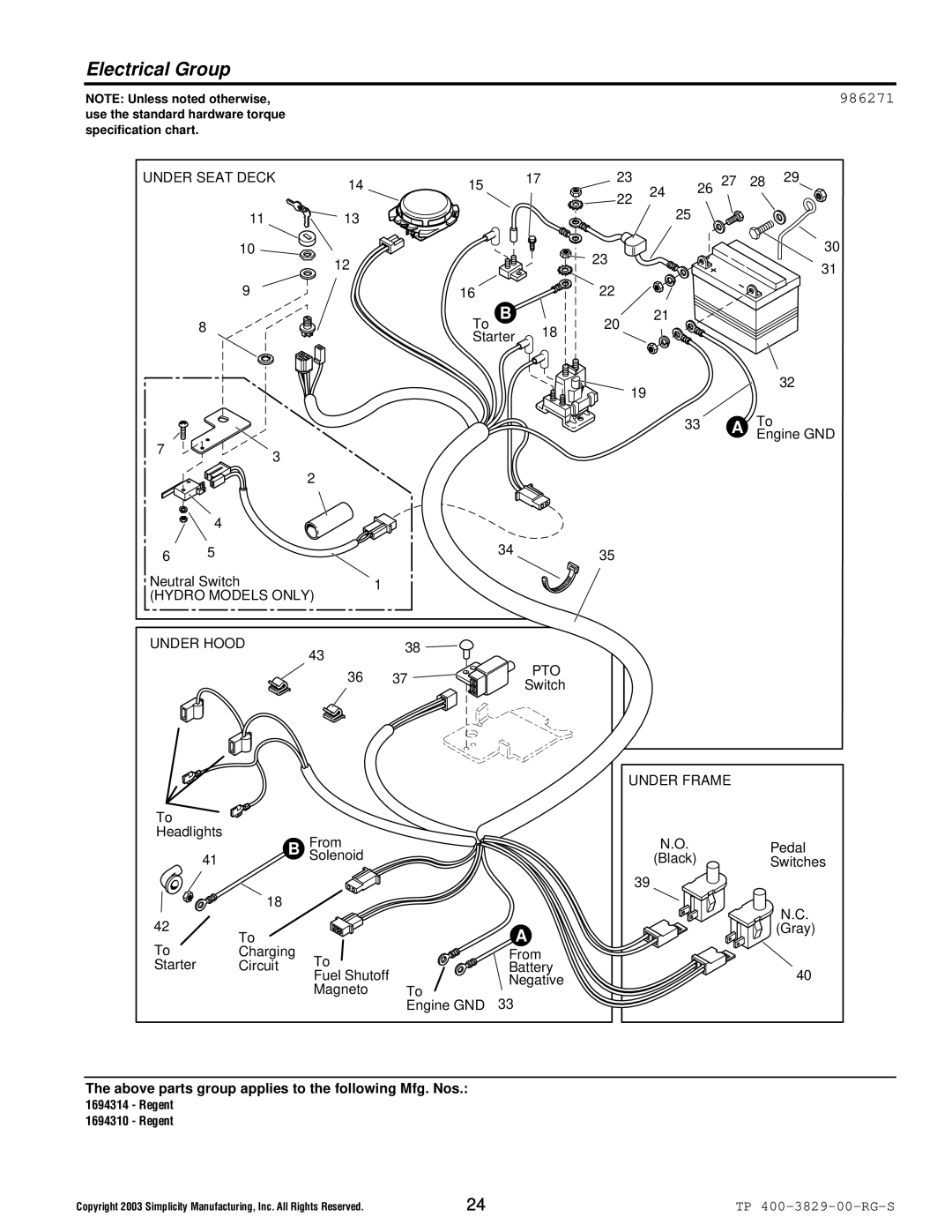 Simplicity 1694310, 1693930, 1693920, 1694314 manual Electrical Group, 986271 