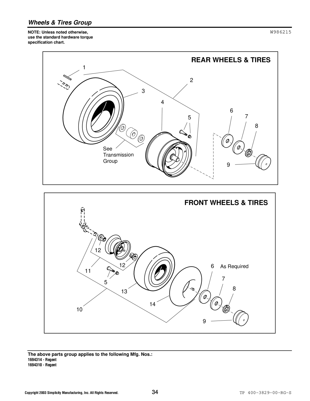 Simplicity 1693920, 1694310, 1693930, 1694314 manual Wheels & Tires Group, W986215 