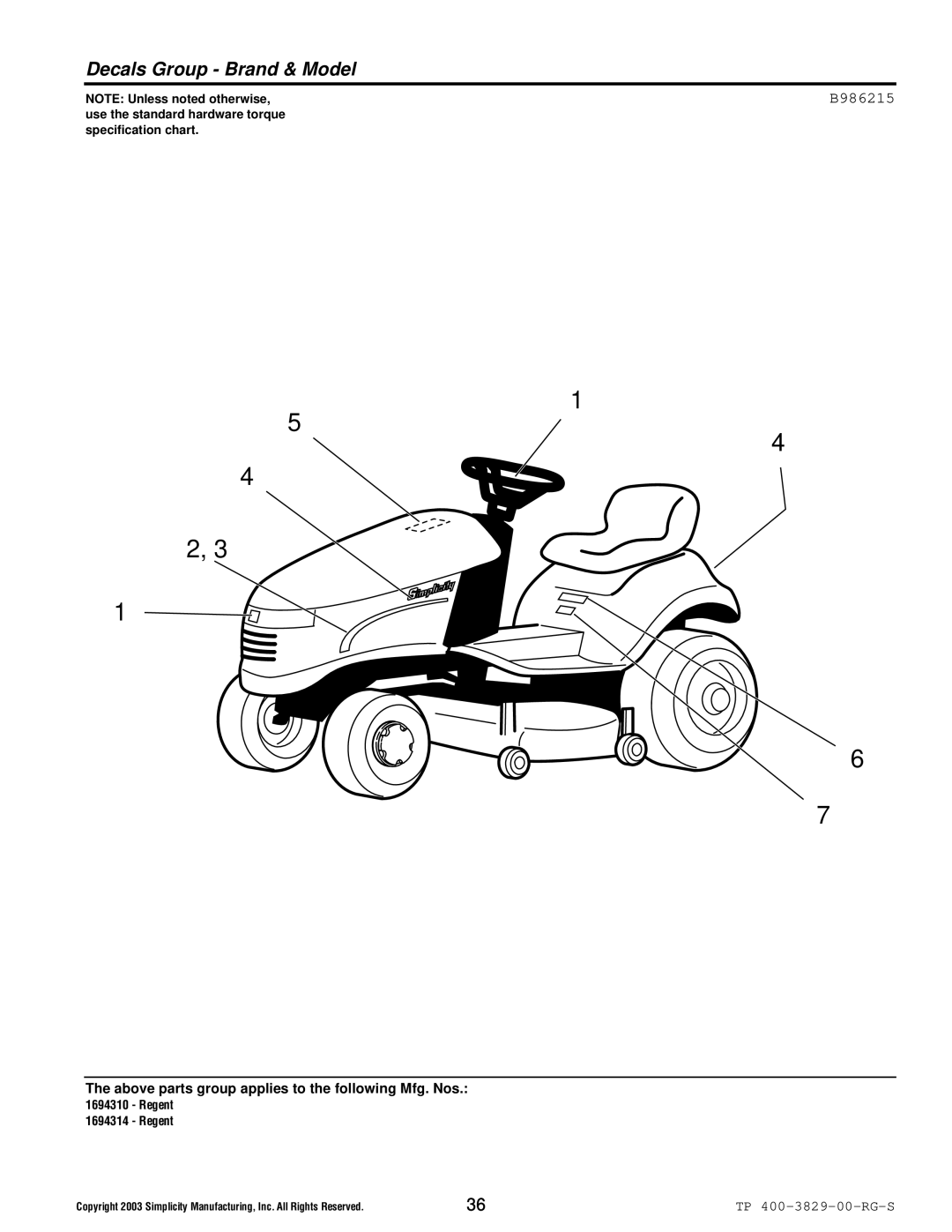 Simplicity 1694310, 1693930, 1693920, 1694314 manual Decals Group Brand & Model, B986215 