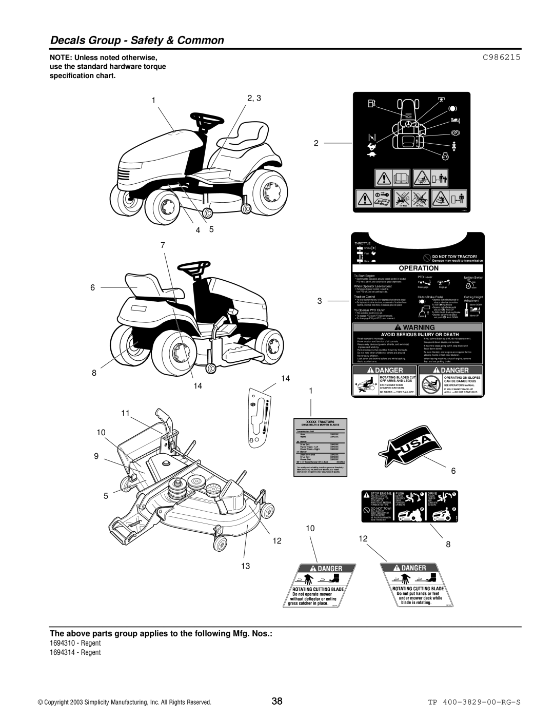 Simplicity 1693920, 1694310, 1693930, 1694314 manual Decals Group Safety & Common, C986215 