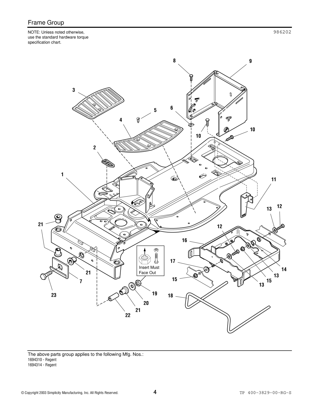 Simplicity 1694310, 1693930, 1693920, 1694314 manual Frame Group, 986202 