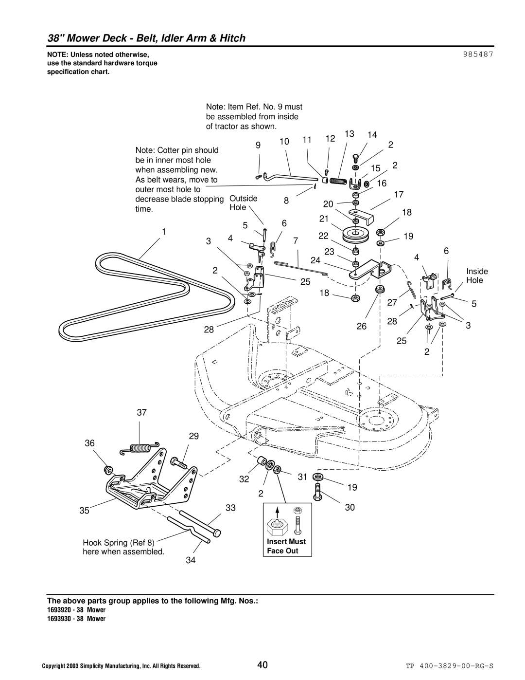 Simplicity 1694310, 1693930, 1693920, 1694314 manual Mower Deck Belt, Idler Arm & Hitch, 985487 