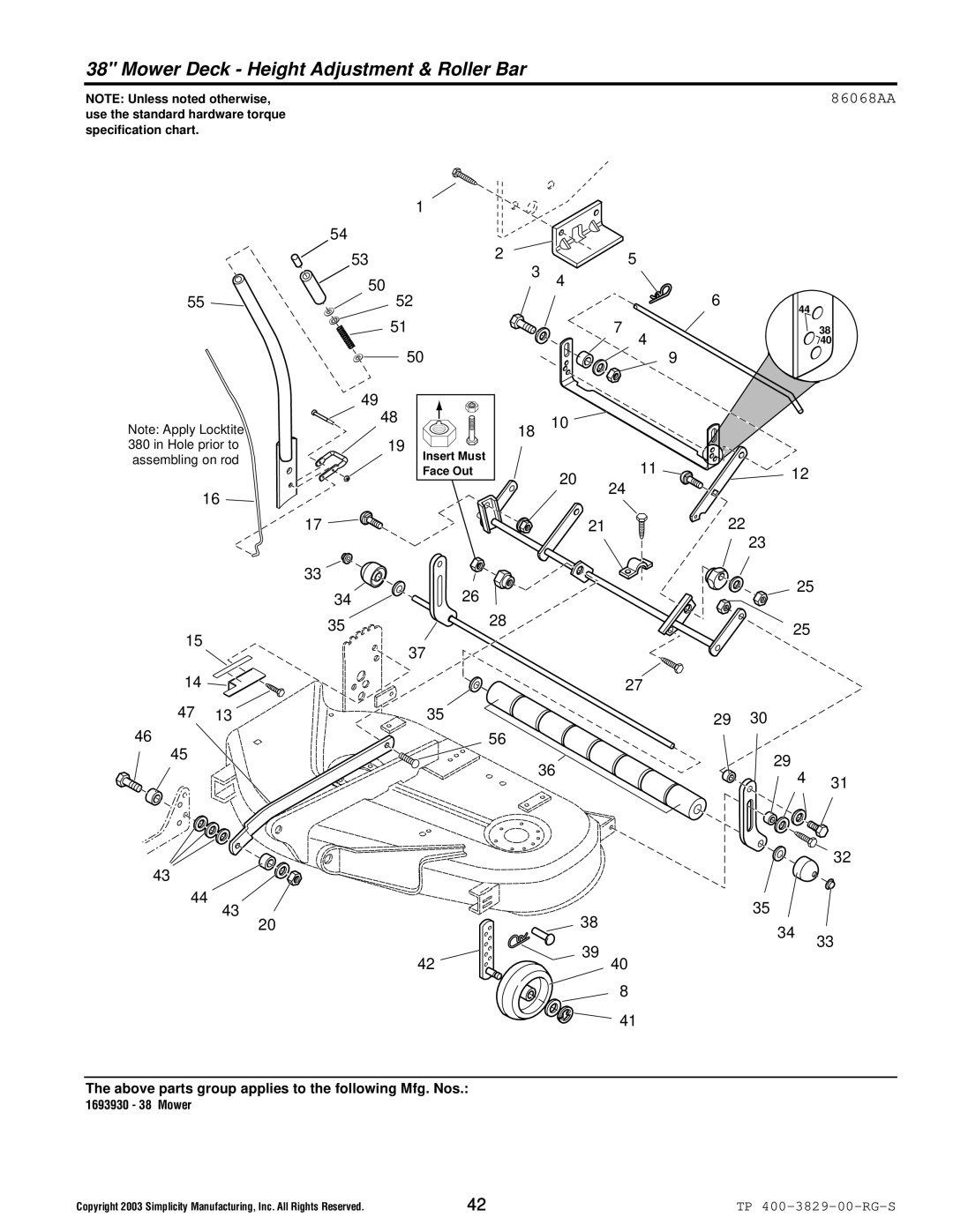 Simplicity 1693920, 1694310, 1693930, 1694314 manual Mower Deck Height Adjustment & Roller Bar, 86068AA 