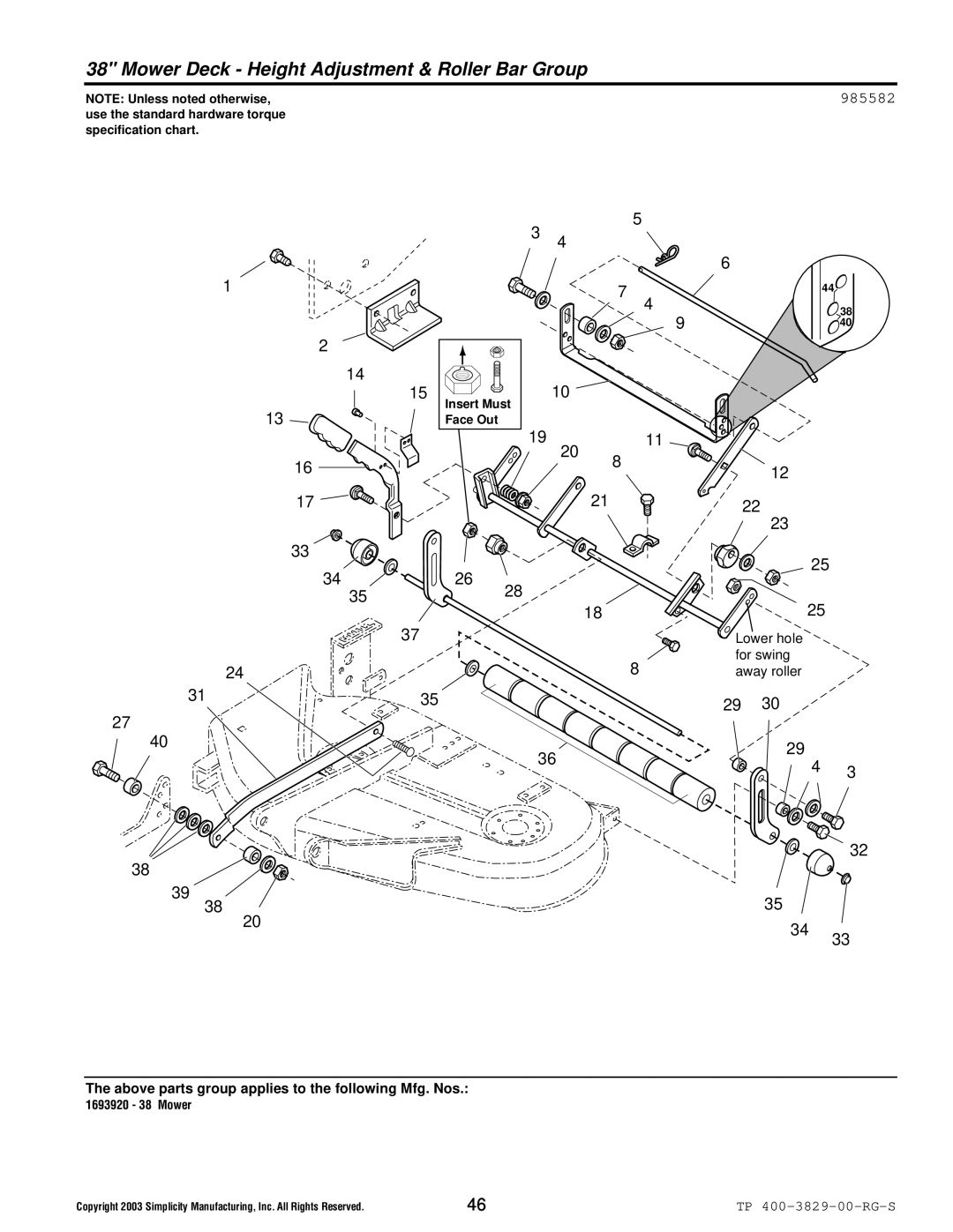 Simplicity 1693920, 1694310, 1693930, 1694314 manual Mower Deck Height Adjustment & Roller Bar Group, 985582 