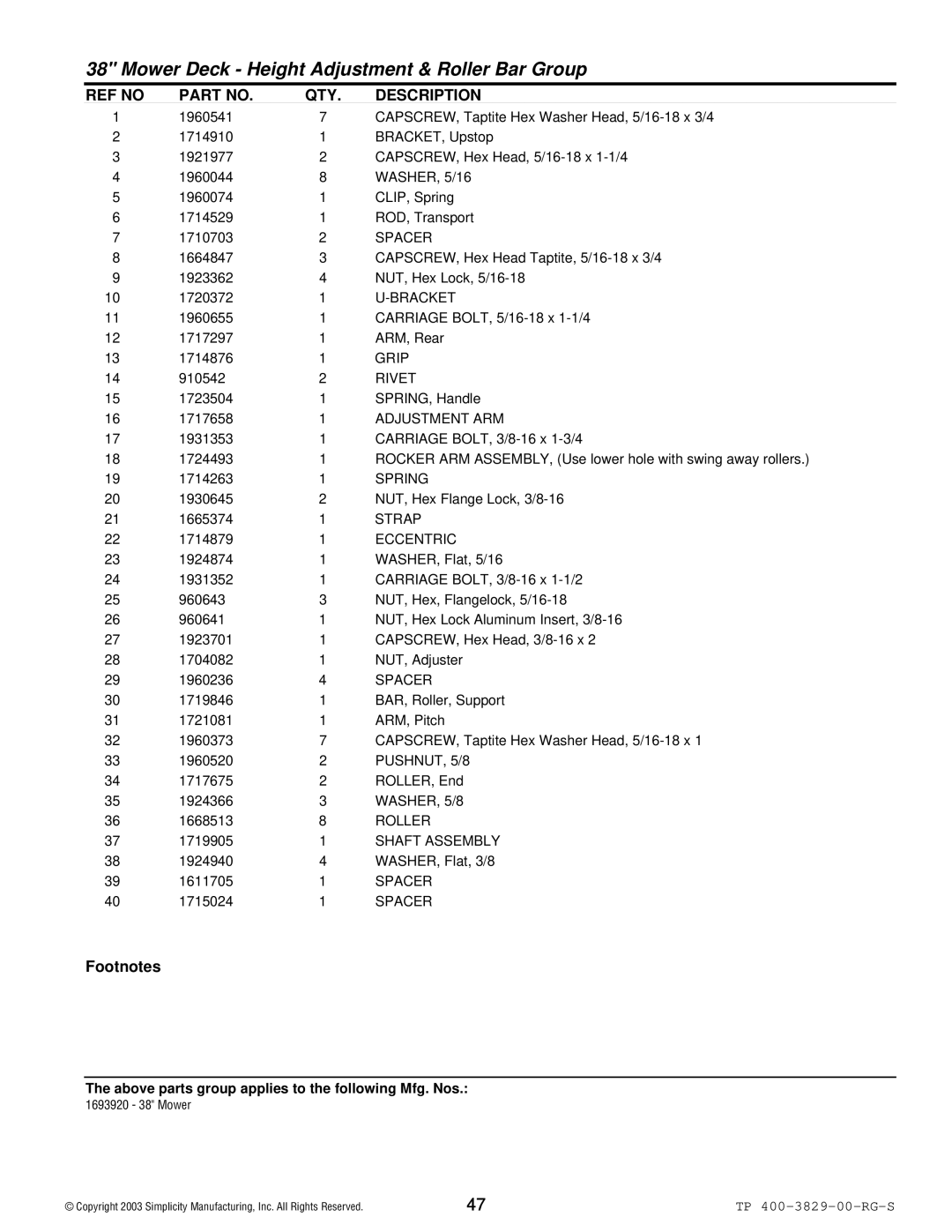 Simplicity 1694314, 1694310, 1693930, 1693920 manual Rivet, Adjustment ARM 