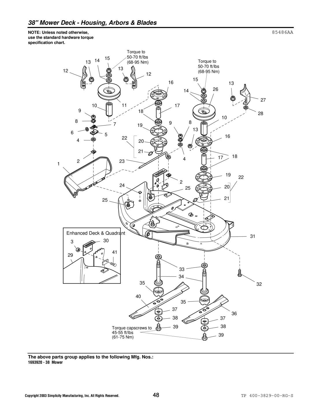 Simplicity 1694310, 1693930, 1693920, 1694314 manual Mower Deck Housing, Arbors & Blades, 85486AA 