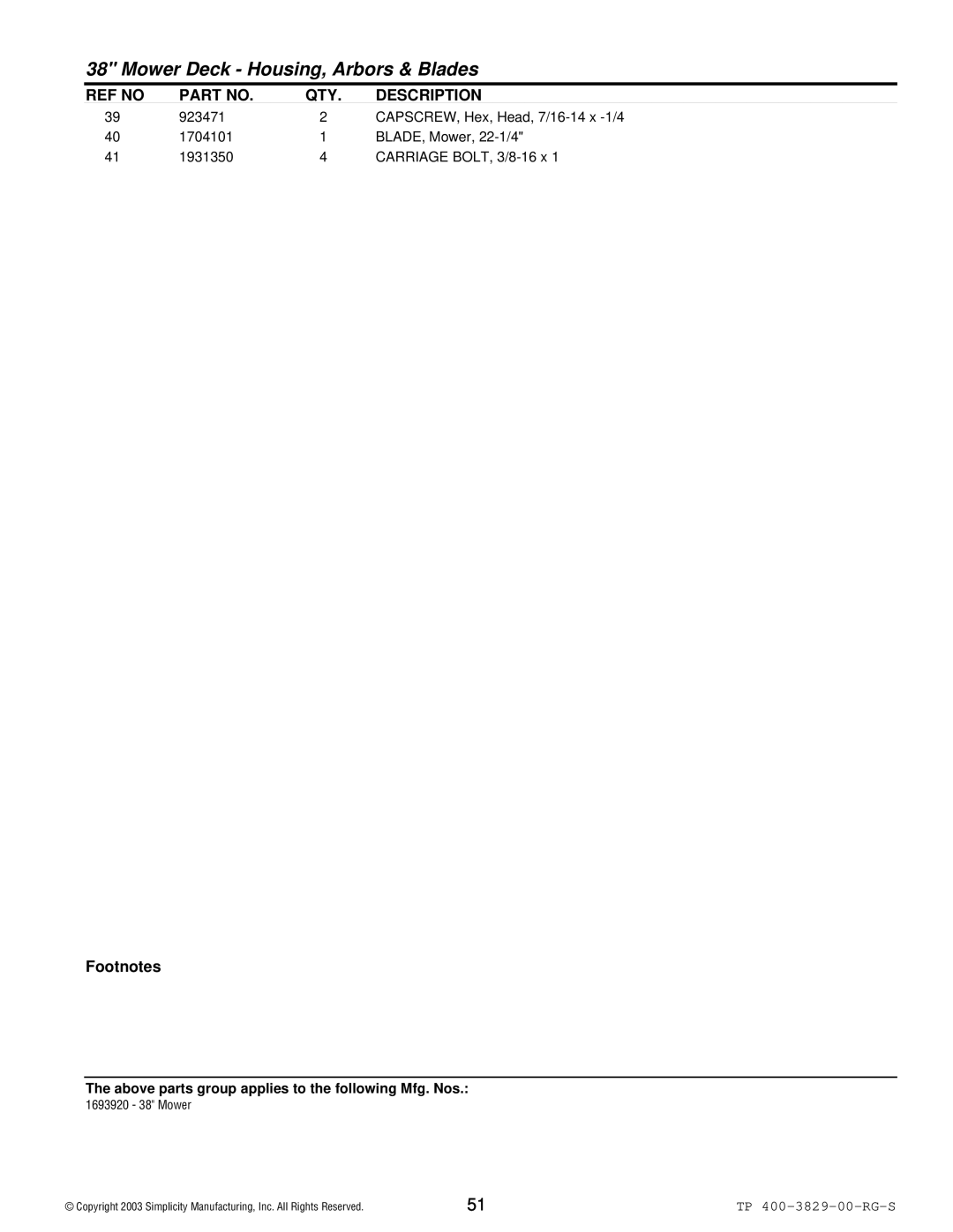 Simplicity 1694314, 1694310, 1693930, 1693920 manual Mower Deck Housing, Arbors & Blades 