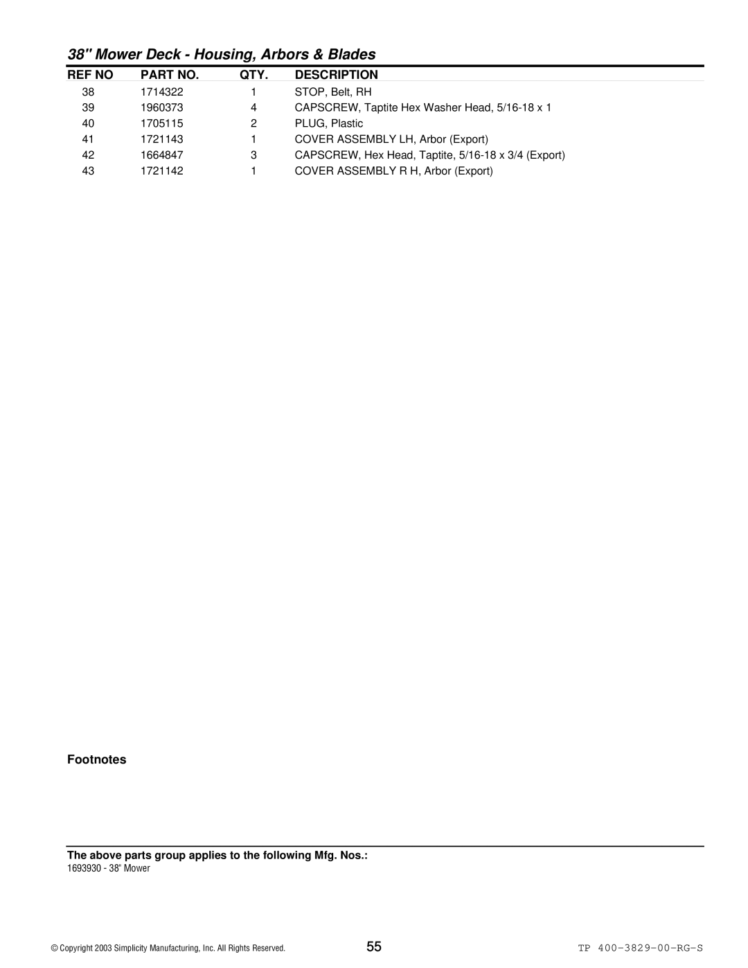 Simplicity 1694314, 1694310, 1693930, 1693920 manual Mower Deck Housing, Arbors & Blades 