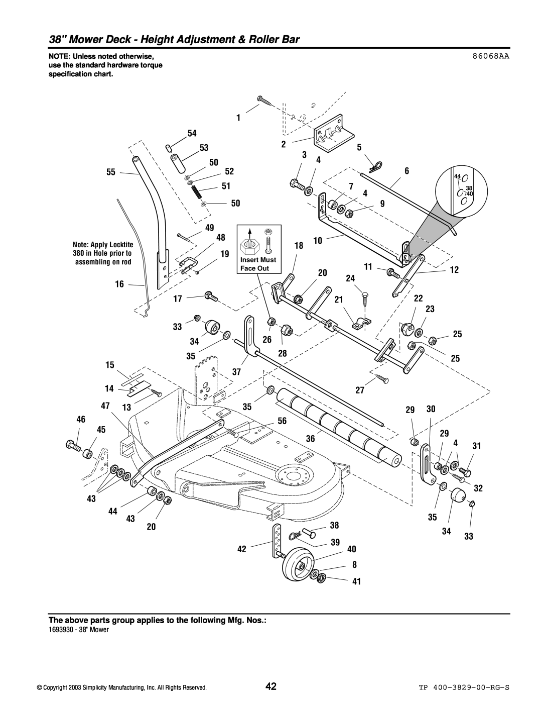 Simplicity 1693920 Mower Deck - Height Adjustment & Roller Bar, 86068AA, TP 400-3829-00-RG-S, NOTE Unless noted otherwise 