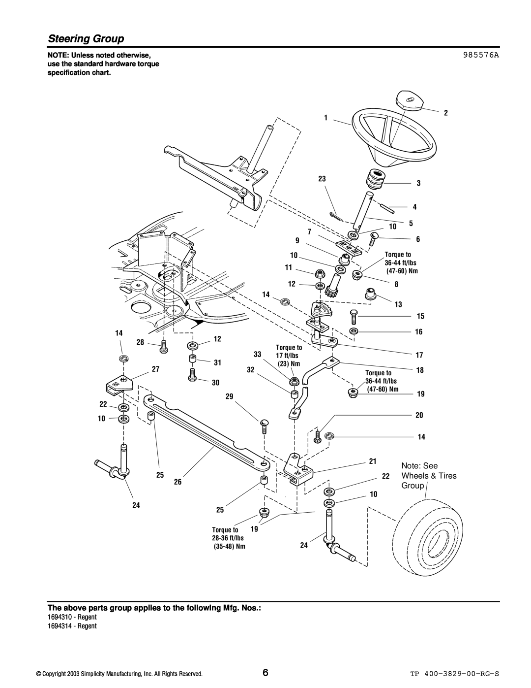 Simplicity 1693920 Steering Group, 985576A, TP 400-3829-00-RG-S, NOTE Unless noted otherwise, 17 ft/lbs, 23 Nm, Torque to 
