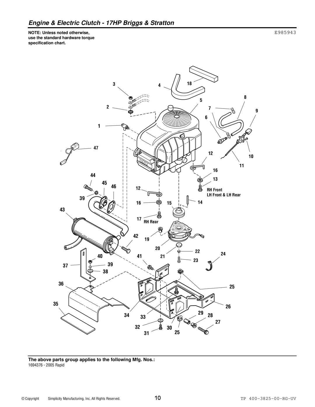 Simplicity 1694377, 1694376 manual Engine & Electric Clutch 17HP Briggs & Stratton 