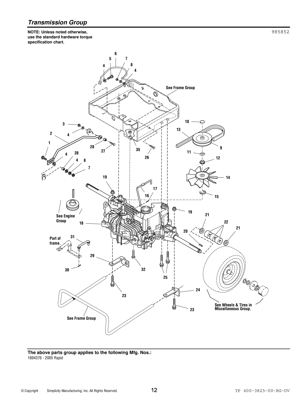 Simplicity 1694377, 1694376 manual Transmission Group, 985852 