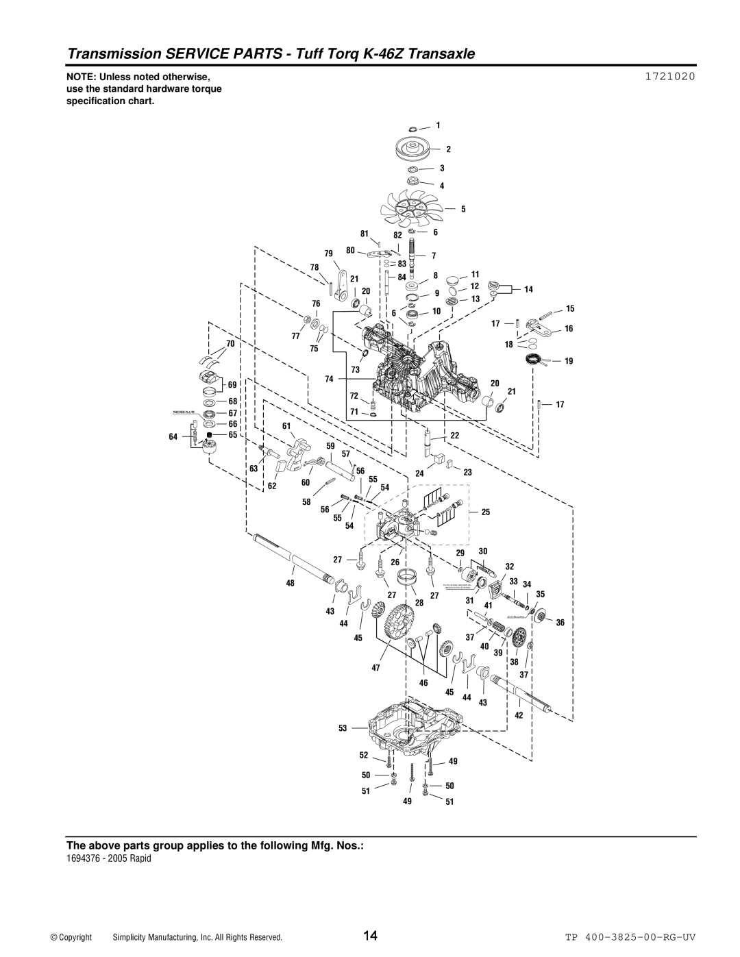 Simplicity 1694377, 1694376 manual Transmission Service Parts Tuff Torq K-46Z Transaxle, 1721020 