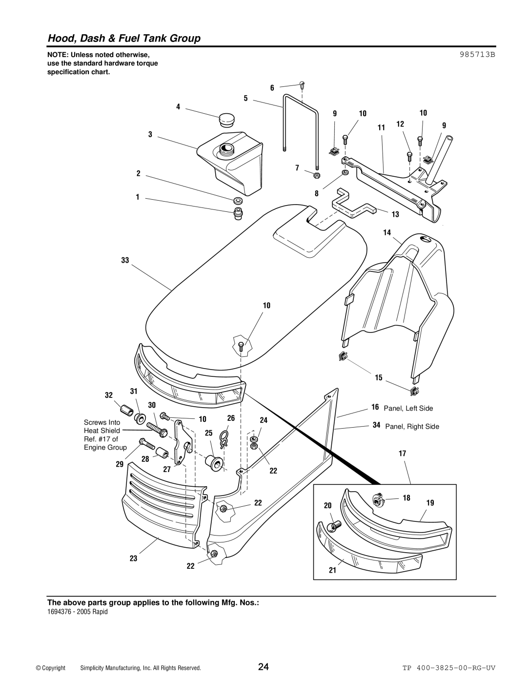 Simplicity 1694377, 1694376 manual Hood, Dash & Fuel Tank Group, 985713B 