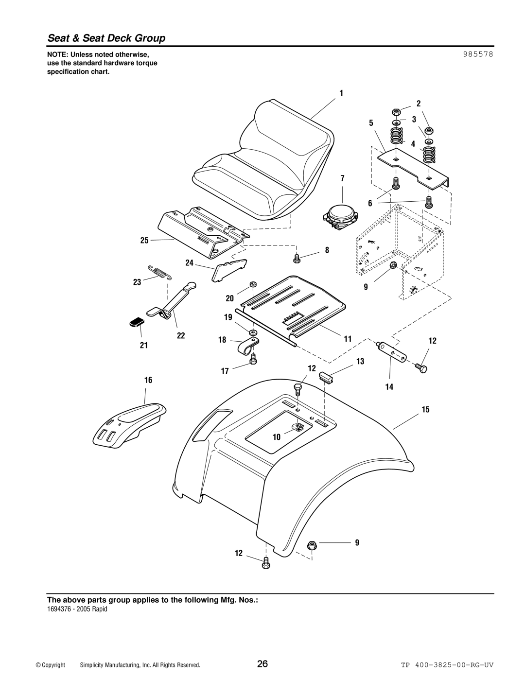 Simplicity 1694377, 1694376 manual Seat & Seat Deck Group, 985578 