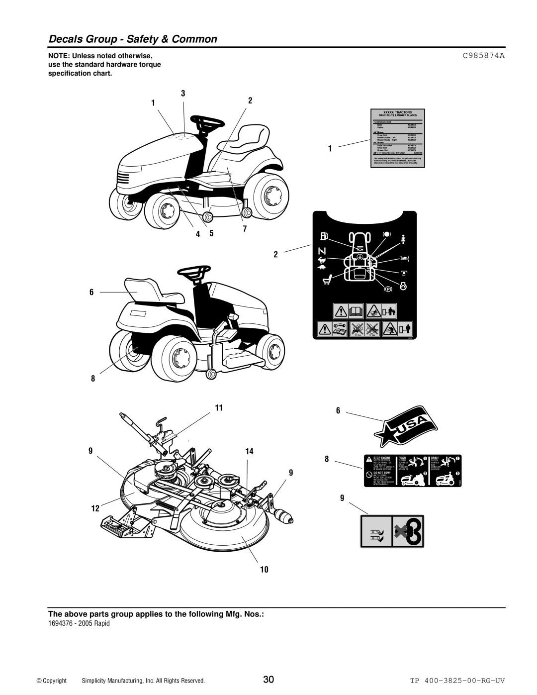 Simplicity 1694377, 1694376 manual Decals Group Safety & Common, Stop Engine Push 