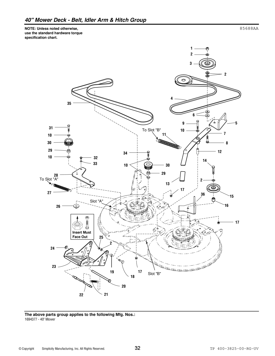 Simplicity 1694377, 1694376 manual Mower Deck Belt, Idler Arm & Hitch Group, 85688AA 