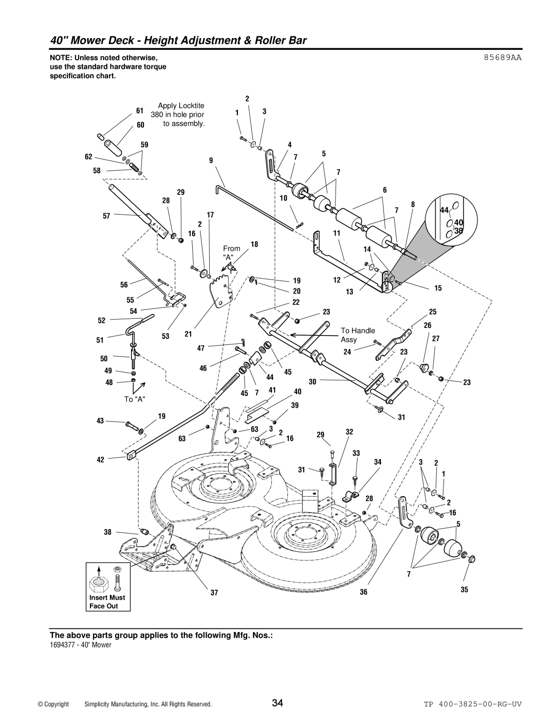 Simplicity 1694377, 1694376 manual Mower Deck Height Adjustment & Roller Bar, 85689AA 