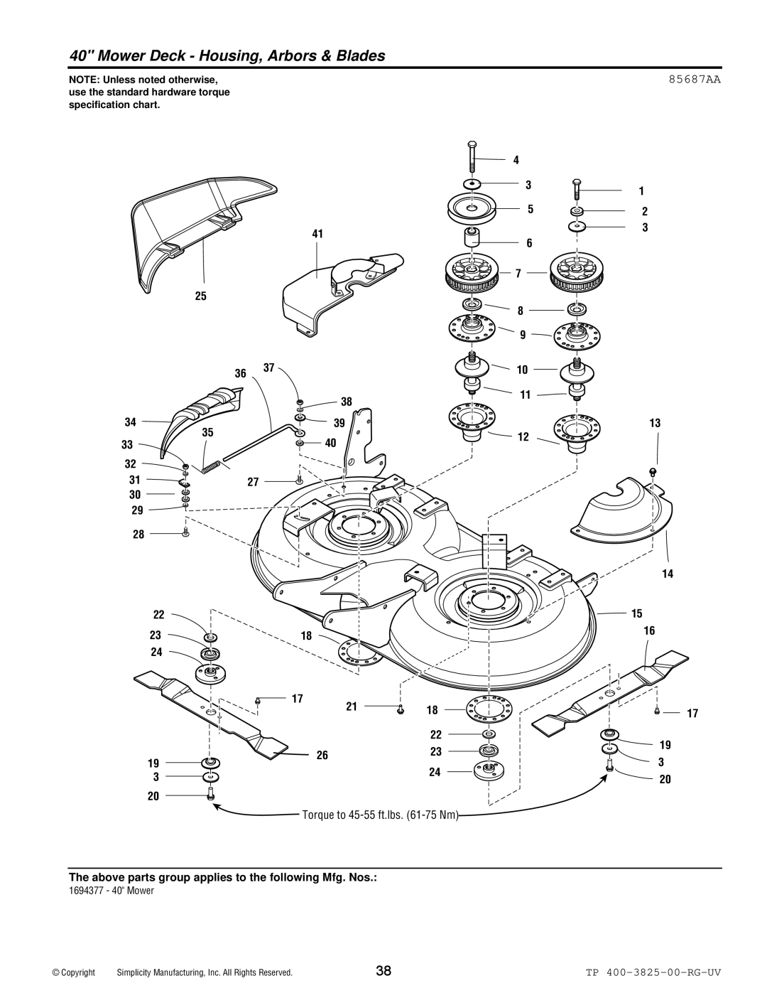 Simplicity 1694377, 1694376 manual Mower Deck Housing, Arbors & Blades, 85687AA 