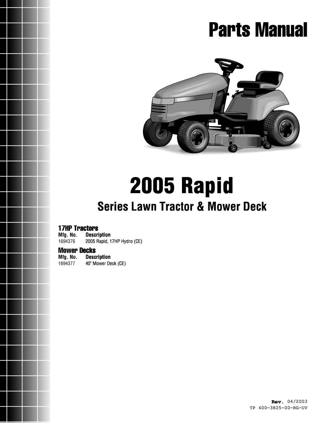 Simplicity 1694376 manual Mfg. No. Description, Rev. 04/2003, TP 400-3825-00-RG-UV, Rapid, Parts Manual, 17HP Tractors 