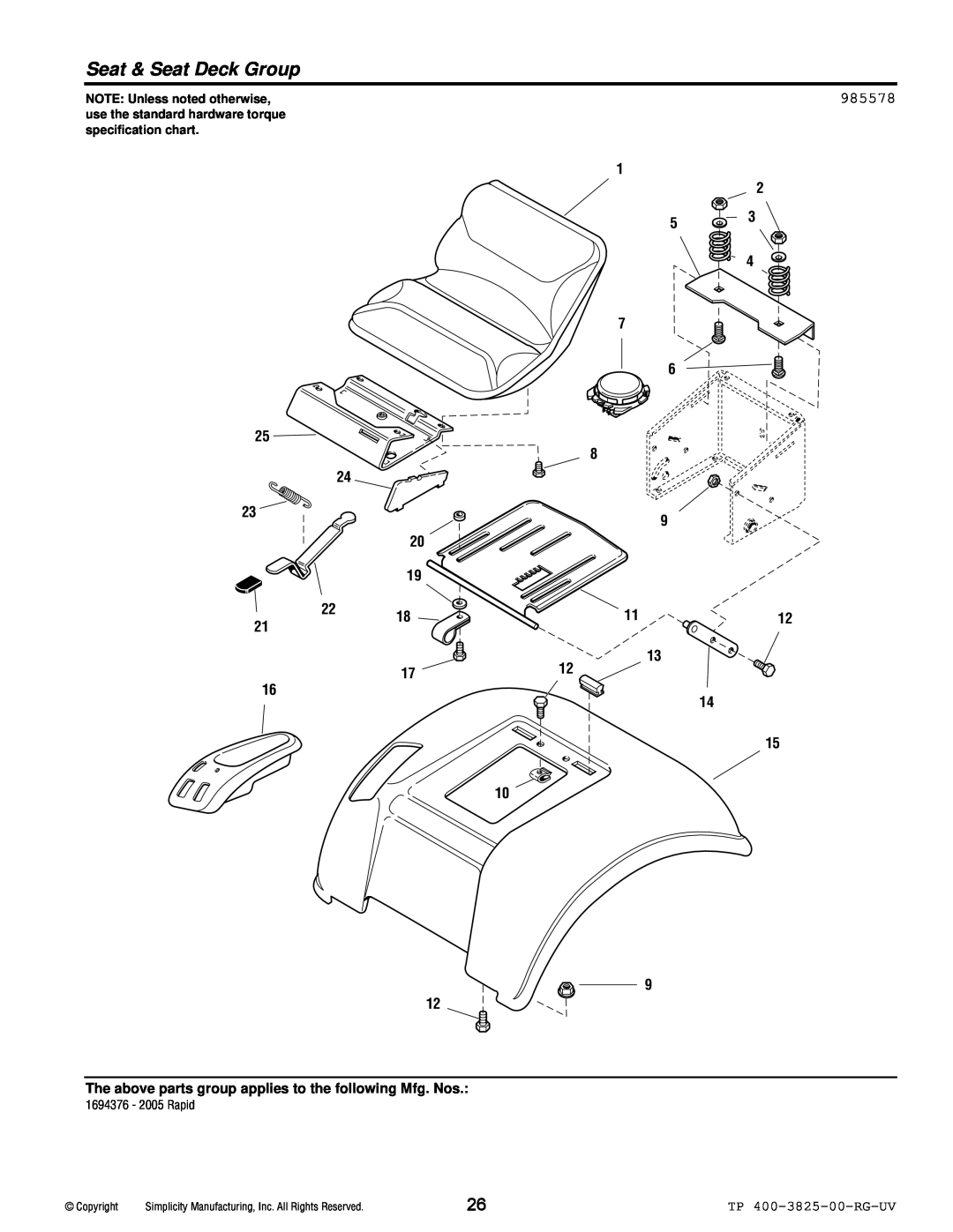 Simplicity 1694377 Seat & Seat Deck Group, 985578, The above parts group applies to the following Mfg. Nos, Copyright 