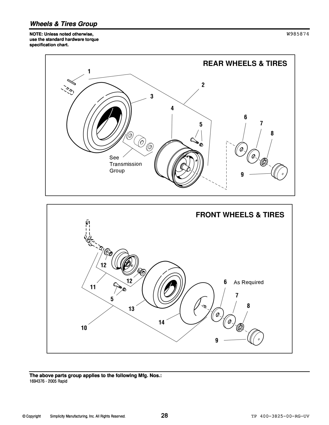 Simplicity 1694377 Rear Wheels & Tires, Front Wheels & Tires, Wheels & Tires Group, W985874, Transmission, As Required 