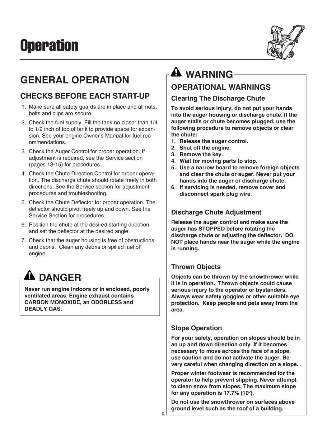 Simplicity 1694382 319M, 1694383 319E instruction sheet Checks Before Each START-UP, Operational Warnings 